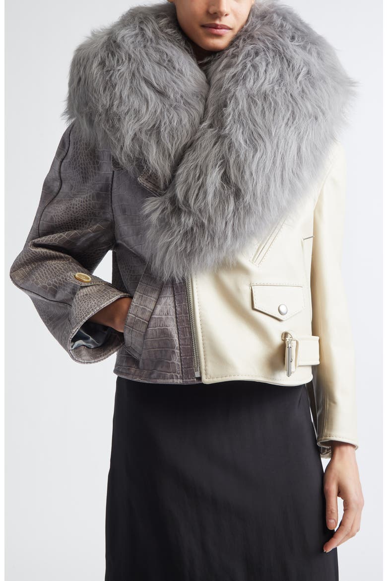 Leather Biker Jacket with Genuine Shearling Collar, Main, color, PEARL