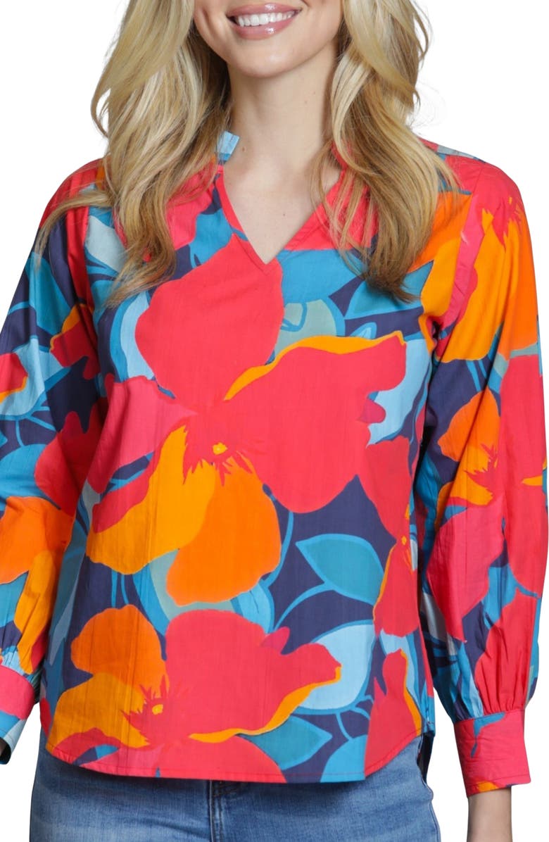 APNY Floral Print Split Neck Top, Main, color, Hibiscus Multi