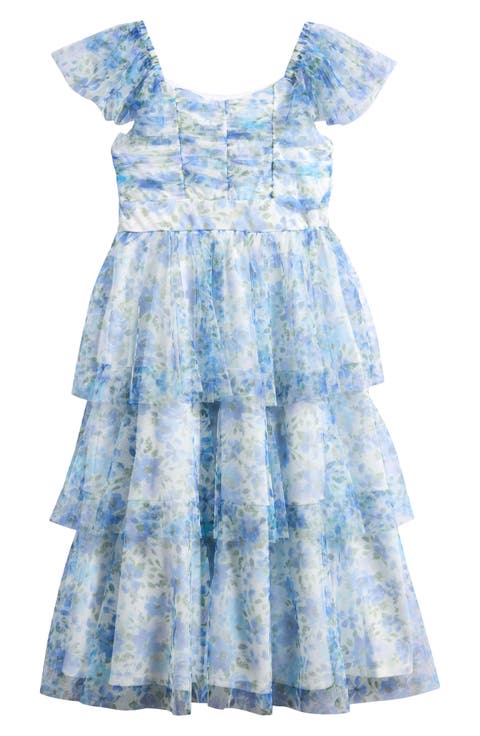Floral Tiered Mesh Maxi Dress (Big Kid)