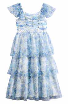 Iris & Ivy Floral Tiered Mesh Maxi Dress