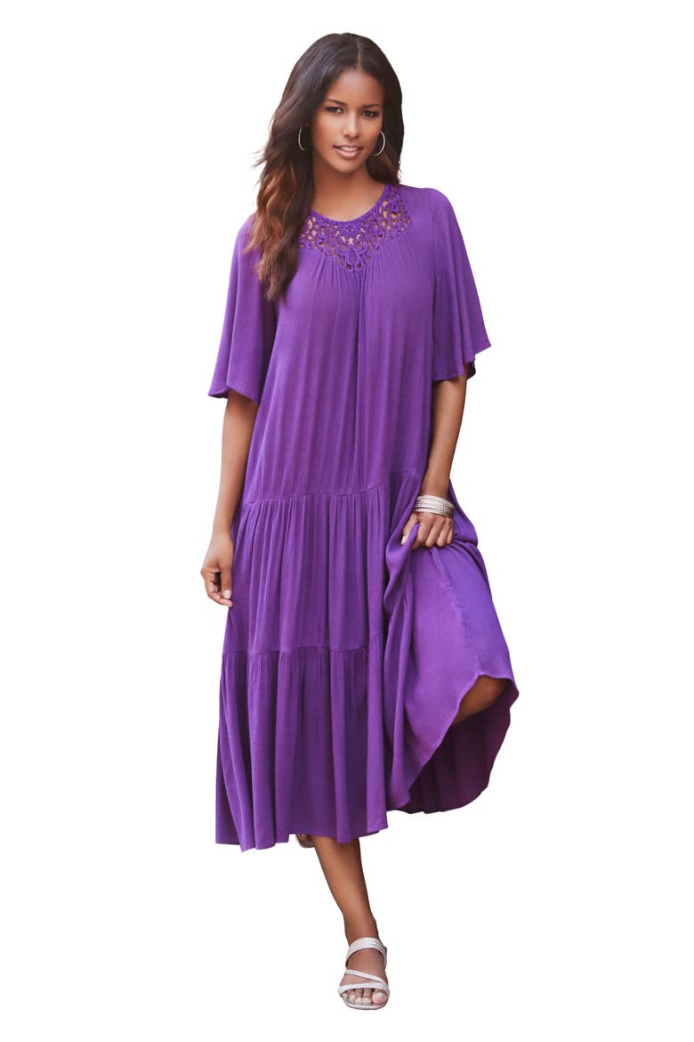 Hand Crinkled Crochet Neck Dress, Main, color, PURPLE ORCHID