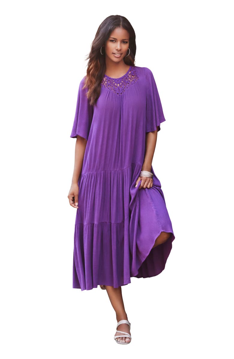Roaman's Hand-Crinkled Crochet Neck Dress, Main, color, Purple Orchid