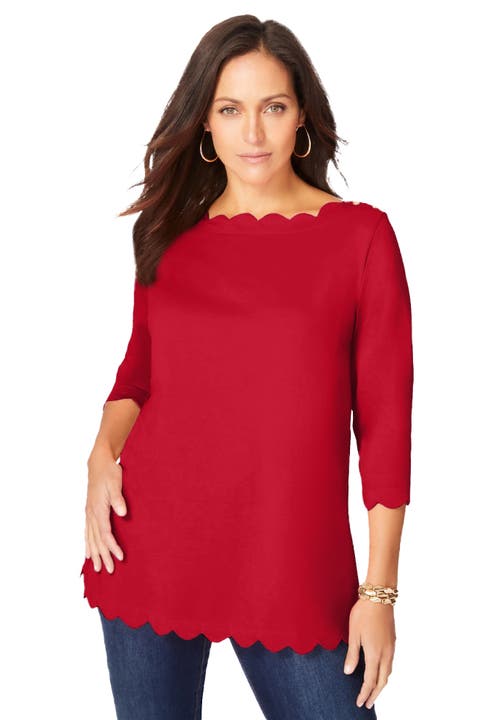 Jessica London Scallop Boatneck Tunic In Red