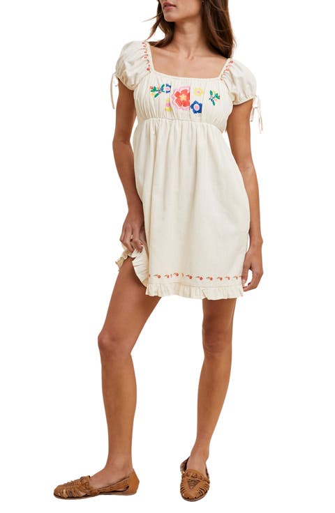 Floral Embroidered Puff Sleeve Cotton Minidress