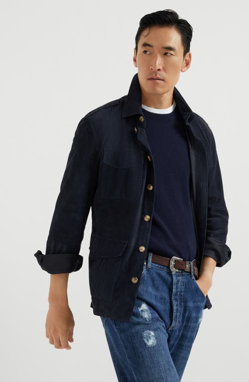 Brunello Cucinelli Suede Leather Shirt Jacket In Navy Blue