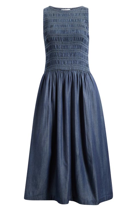 Denim Smocked Boat Neck Maxi Dress