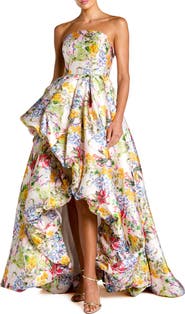 Mac Duggal Multicolor Strapless Floral High Low Bubble Hem Gown
