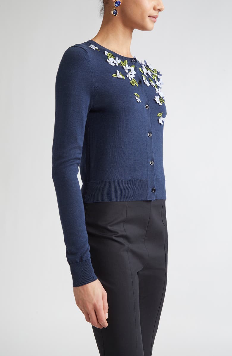 Carolina Herrera Floral Appliqué Silk & Cotton Cardigan, Alternate, color, Midnight