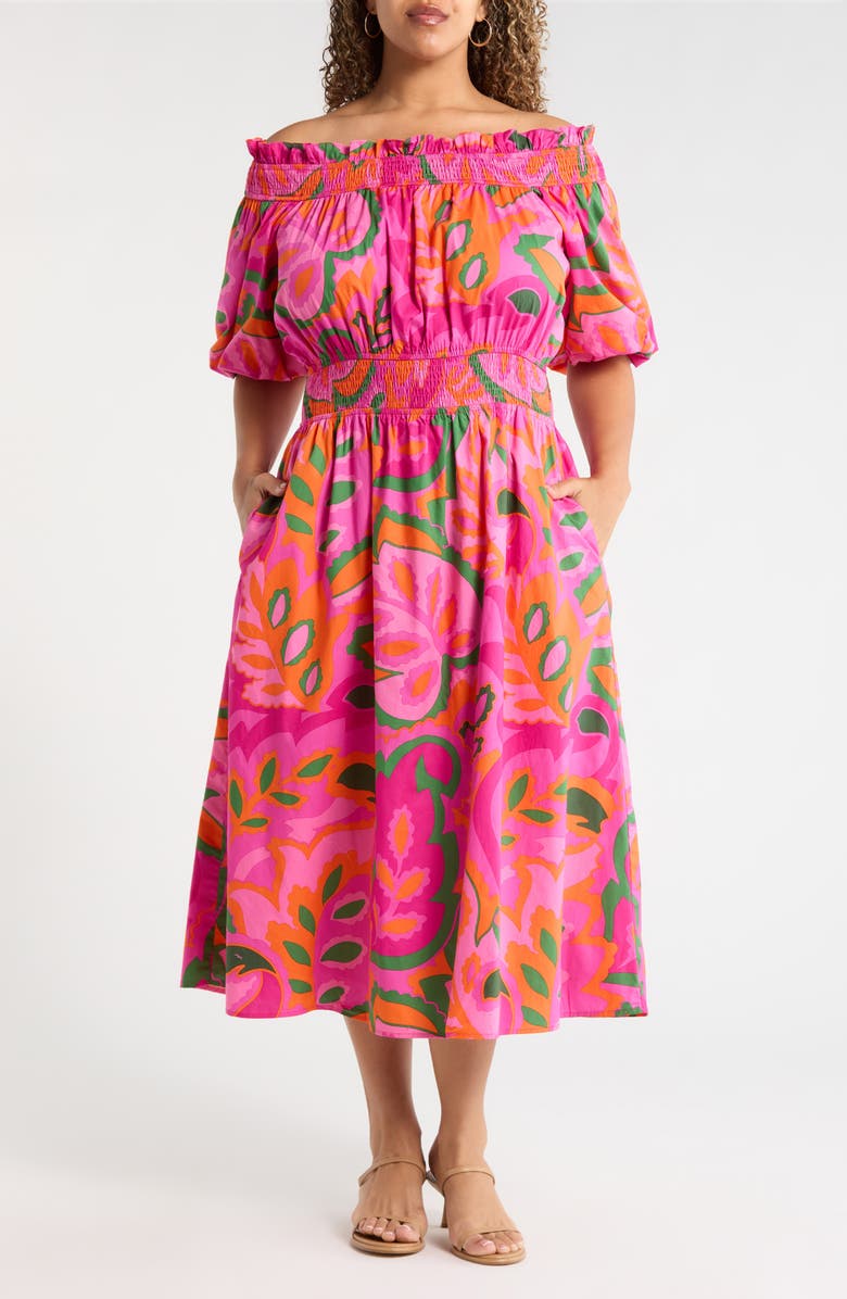 SUGARLIPS Magna Town Off the Shoulder Cotton Midi Dress, Main, color, Pink-Multi