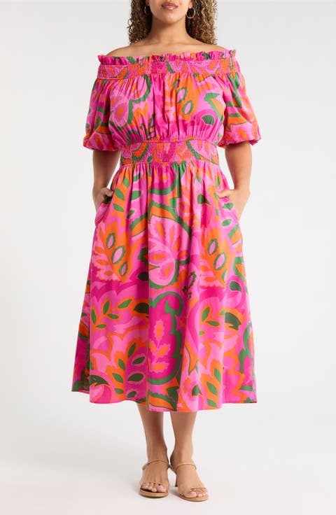 Magna Town Off the Shoulder Cotton Midi Dress (Plus)