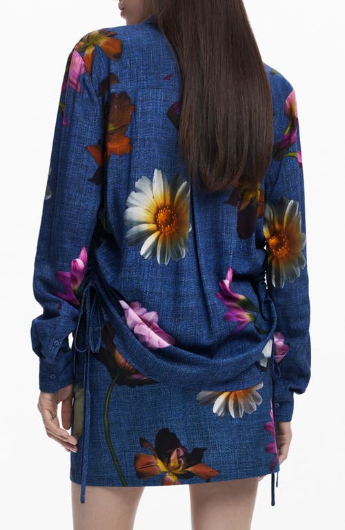 Desigual Floral Ruched Side Denim Button-up Shirt In Blue