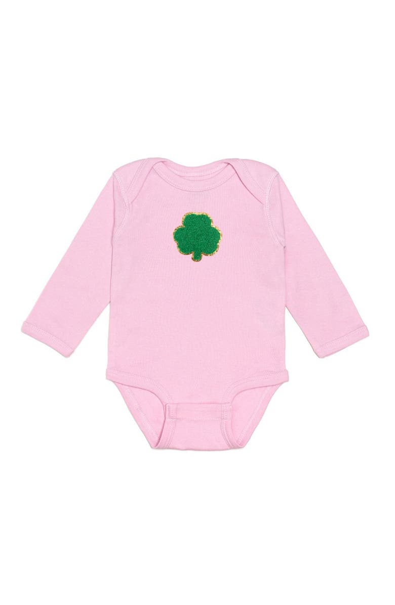 Sweet Wink Shamrock Patch St. Patrick's Day Long Sleeve Bodysuit, Main, color, 