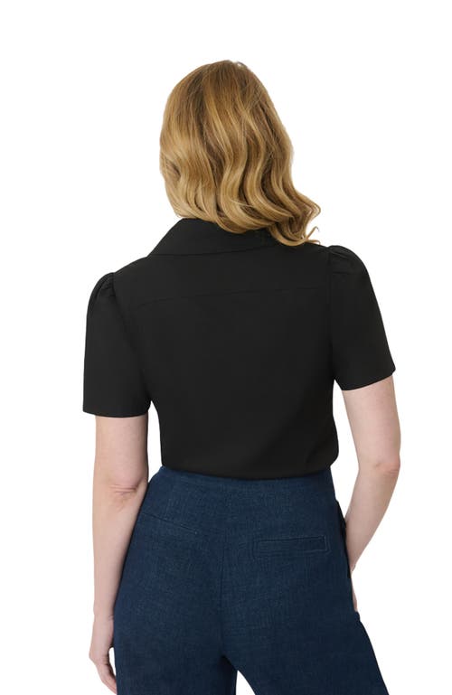 Unique Vintage 1940s Short Sleeve Collared Button Down Woven Blouse In Black