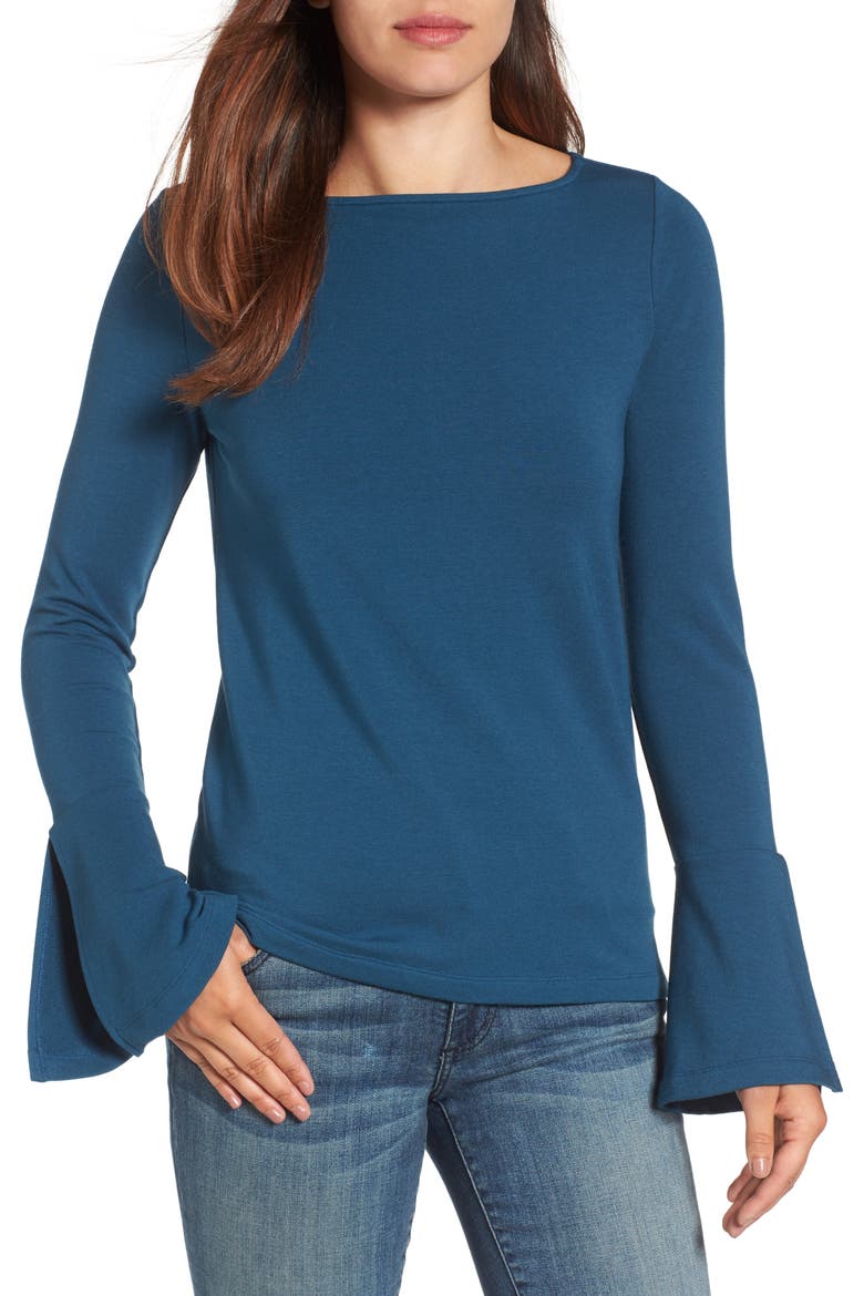 Flare Sleeve Bateau Tee, Main, color, BLUE CERAMIC