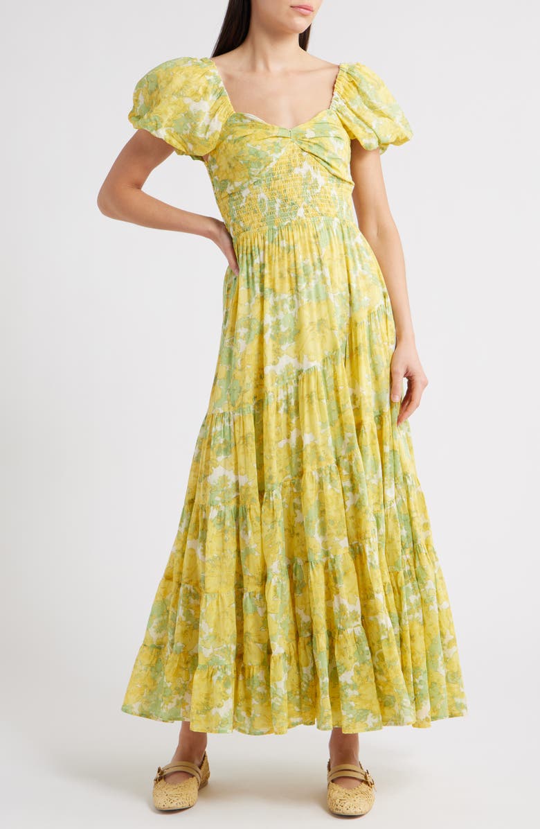 Free People Sundrenched Floral Tiered Maxi Sundress, Main, color, Butter Combo