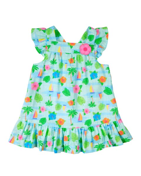 Printed Linen-Look Dress With Flower (Baby)
