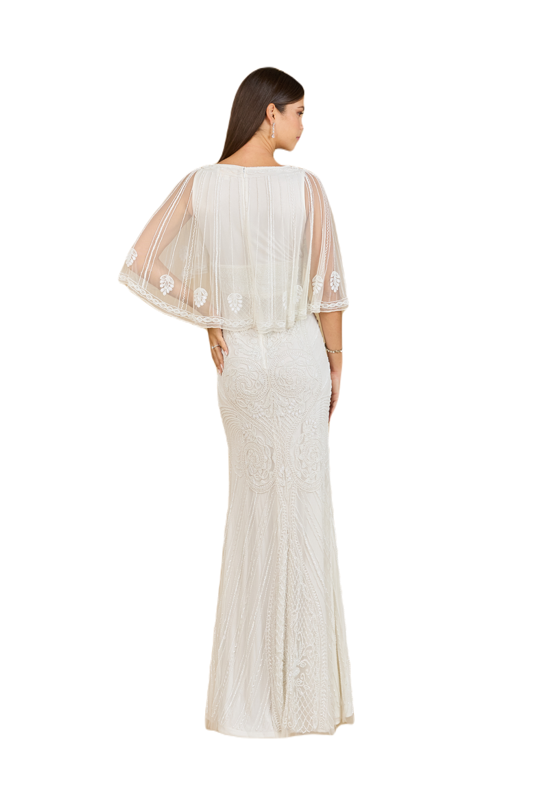 Cape Sleeve V-Neck Beaded Gown, Alternate, color, Ivory