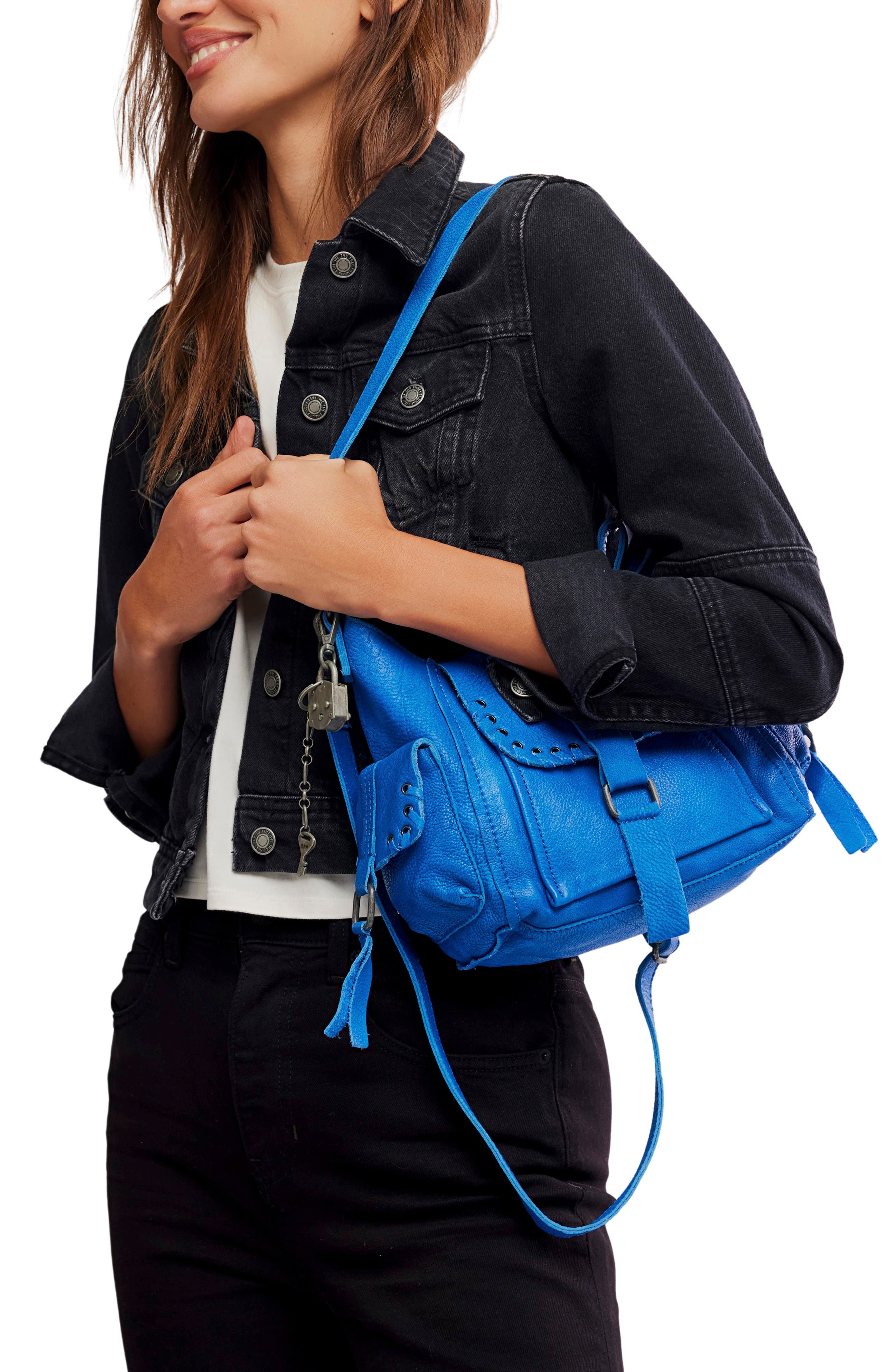 Free People We the Free Baby Leigh Leather Crossbody Bag, Alternate, color, Sapphire