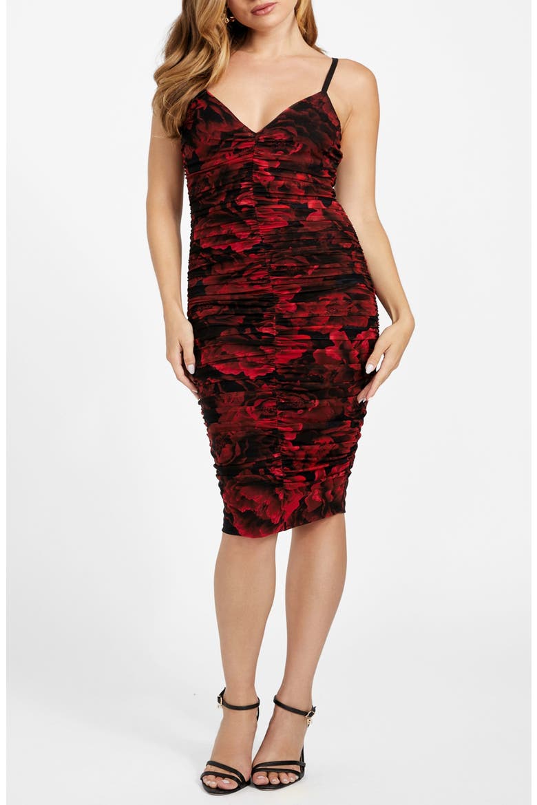 Passion Flower Ruched Mesh Body-Con Dress, Main, color, MEDIUM RED
