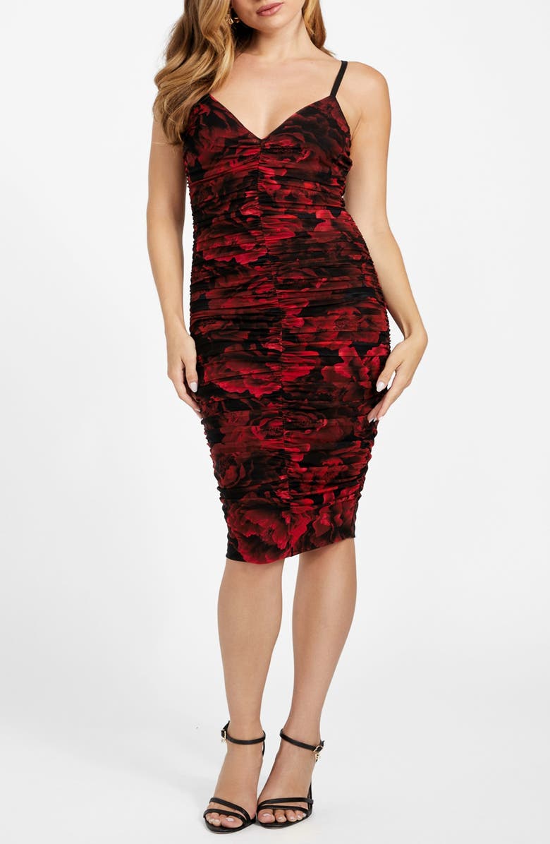 Marciano Passion Flower Ruched Mesh Body-Con Dress, Main, color, Medium Red
