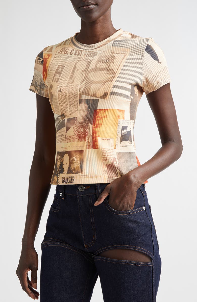 Jean Paul Gaultier Journal Print Rib T-Shirt, Alternate, color, Ecru/ Light Grey/ Red