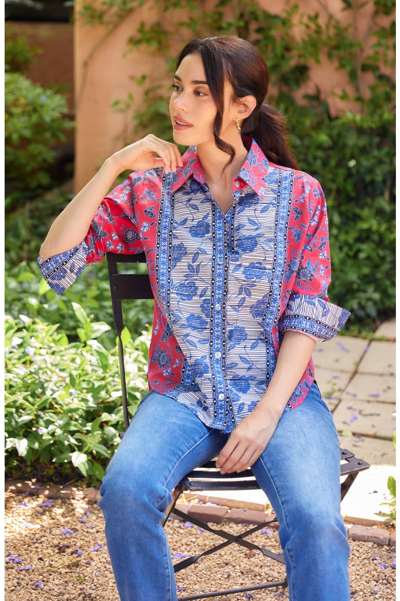 Floral Ruched Sleeve Cotton Button-Up Shirt, Alternate, color, RED