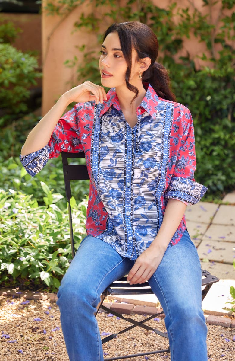 Karen Kane Floral Ruched Sleeve Cotton Button-Up Shirt, Alternate, color, Red