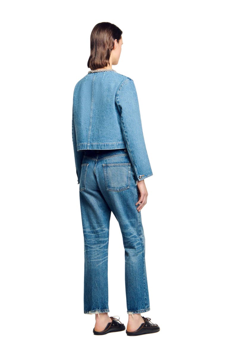 SANDRO Rhinestone denim jacket, Alternate, color, Blue Jean