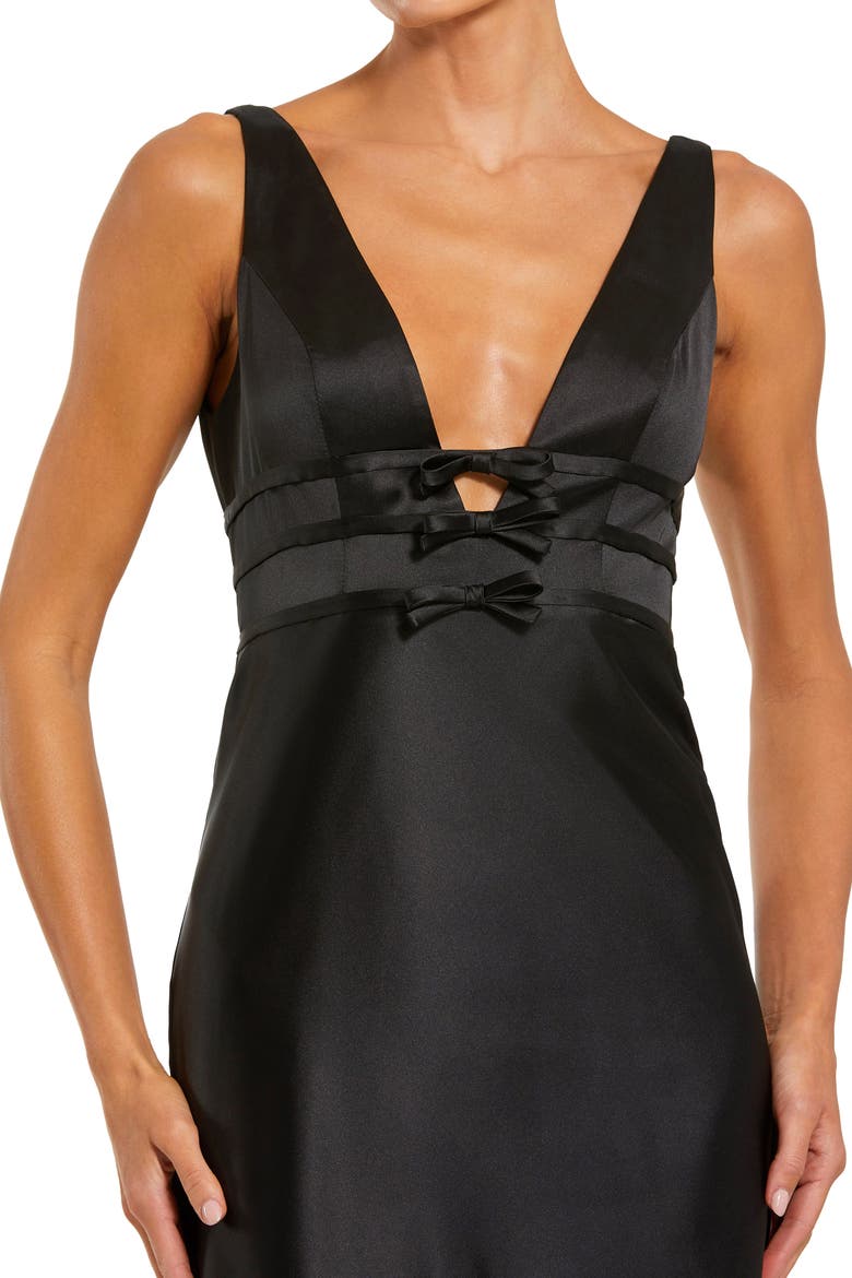 Sleeveless V Neck Satin Gown With Bow Details, Alternate, color, Black