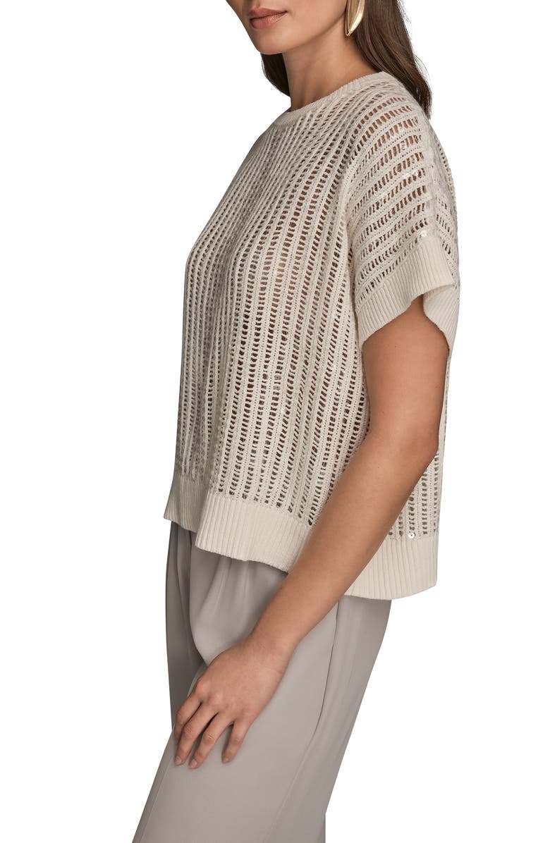 Donna Karan New York Sequin Open Stitch Short Sleeve Sweater, Alternate, color, Cream