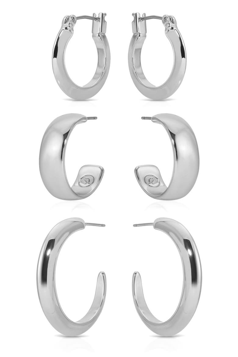 Set of 3 Hoop Earrings, Alternate, color, SILVER