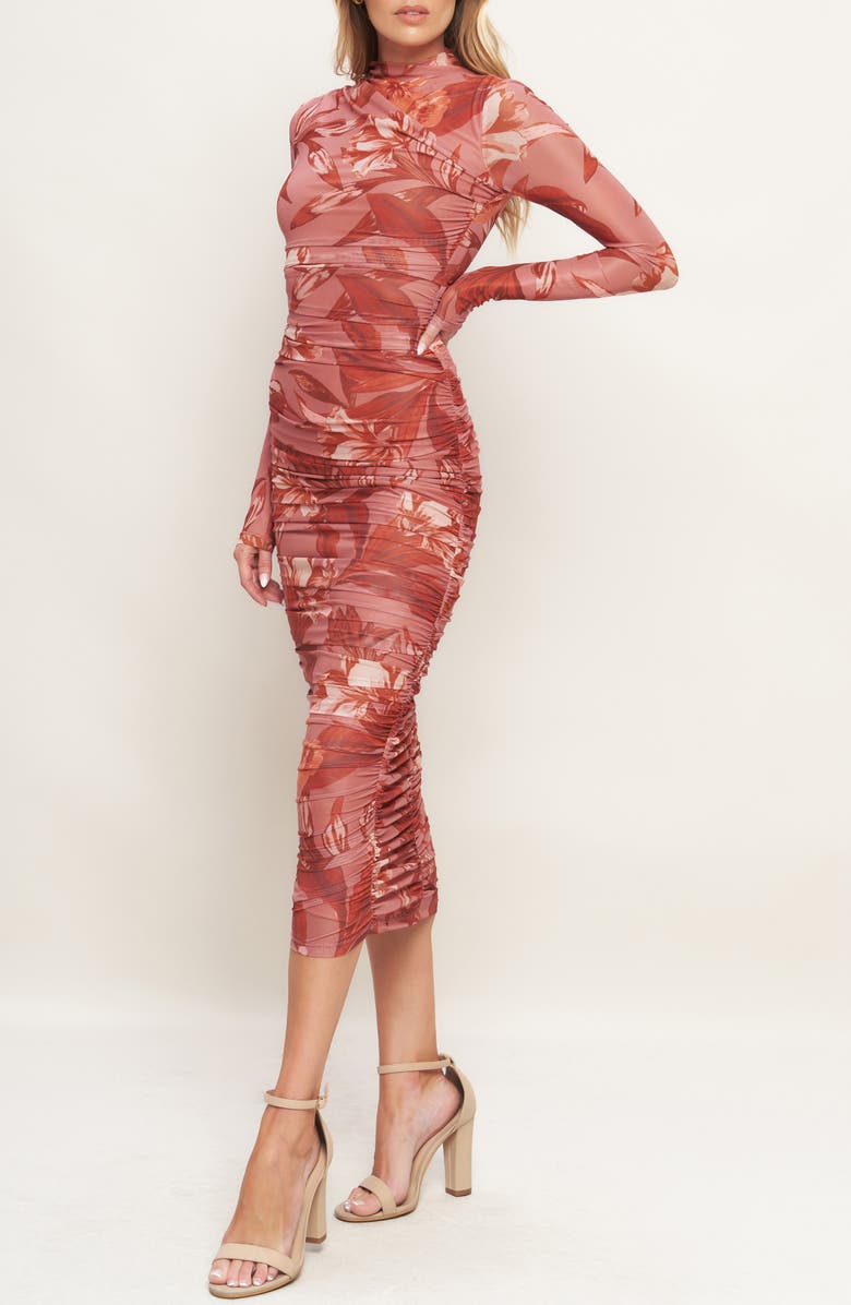 FLYING TOMATO Floral Long Sleeve Ruched Mesh Body-Con Dress, Alternate, color, Sienna