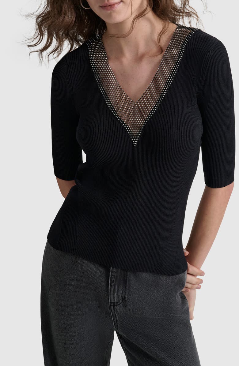 DKNY Crystal Embellished Elbow Sleeve V-Neck Sweater, Main, color, 
