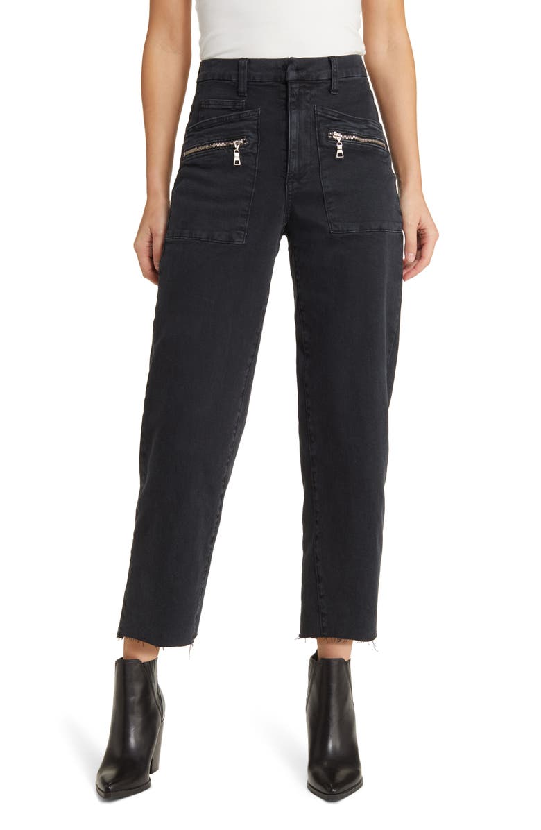 LE JEAN Zip Pocket High Waist Raw Hem Crop Biker Jeans, Main, color, 