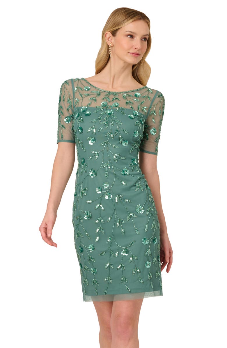 Adrianna Papell Floral Beaded Cocktail Dress, Alternate, color, Green Slate