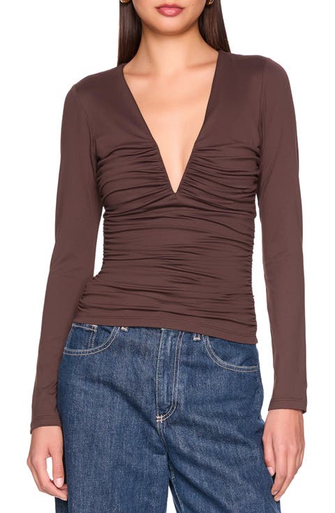 Ruched V-Neck Long Sleeve Top