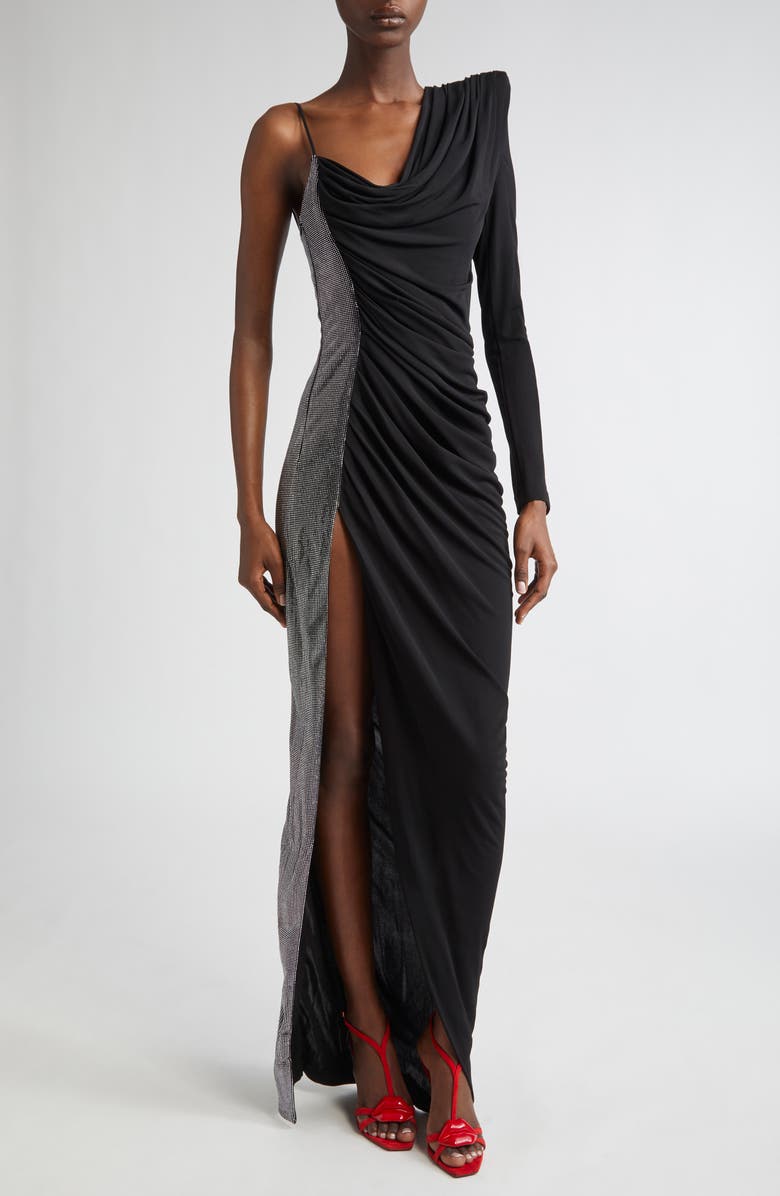 Balmain Draped Crystal Stripe One-Shoulder Jersey Gown, Main, color,