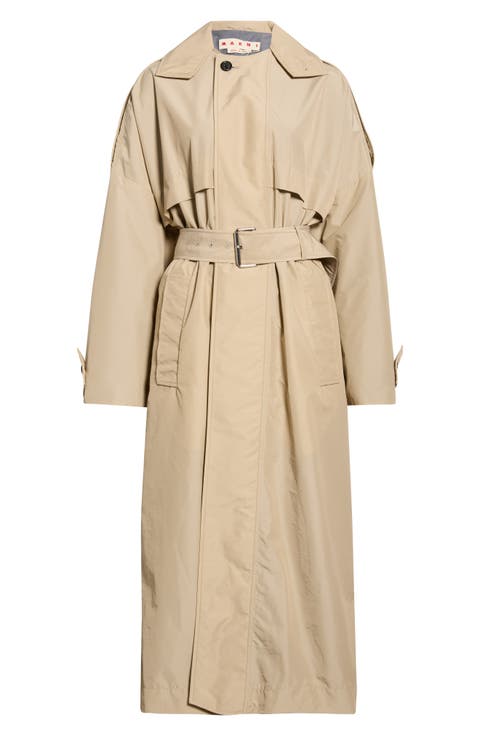 Water Repellent Belted Nylon Blend Trench Coat