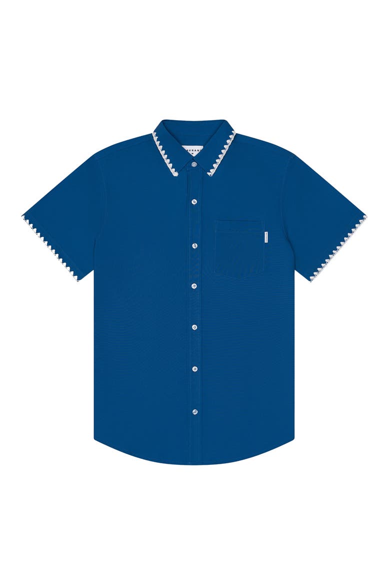Blanket Stitch Short Sleeve Performance Button-Up Shirt, Main, color, BLUE