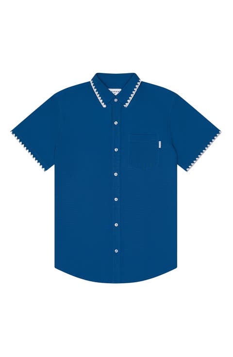 Blanket Stitch Short Sleeve Performance Button-Up Shirt