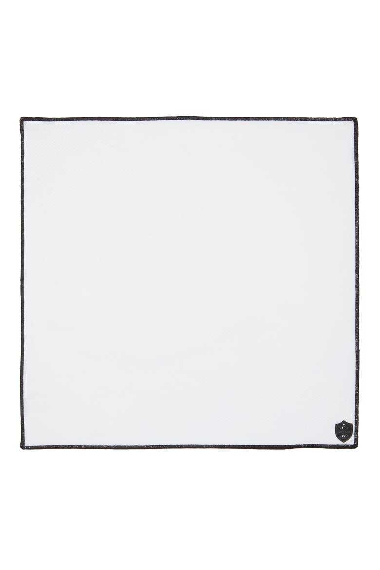 White Cotton Herringbone Pocket Square with Black Trim, Alternate, color, BLACK
