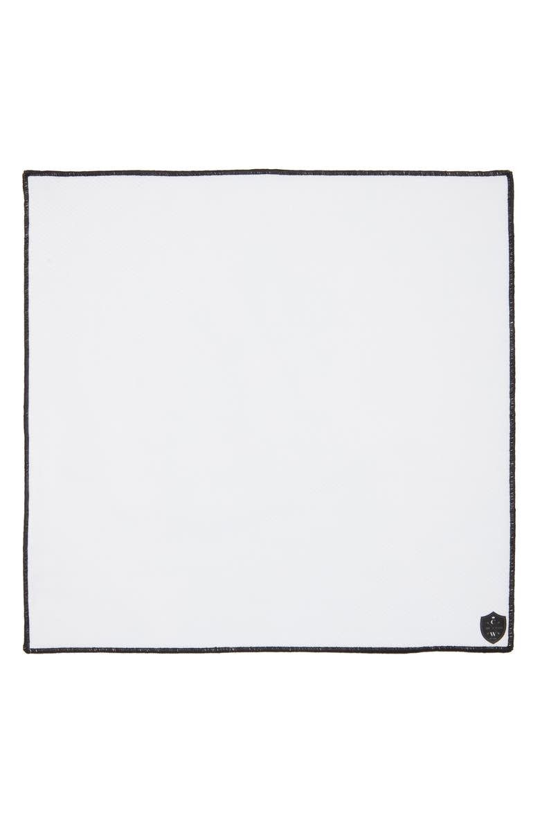 CLIFTON WILSON White Cotton Herringbone Pocket Square with Black Trim, Alternate, color, Black