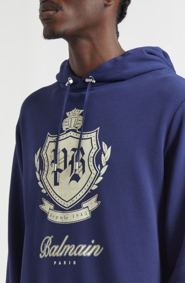 Balmain College Emblem Cotton Graphic Hoodie, Alternate, color, Spv Bleu/ Beige