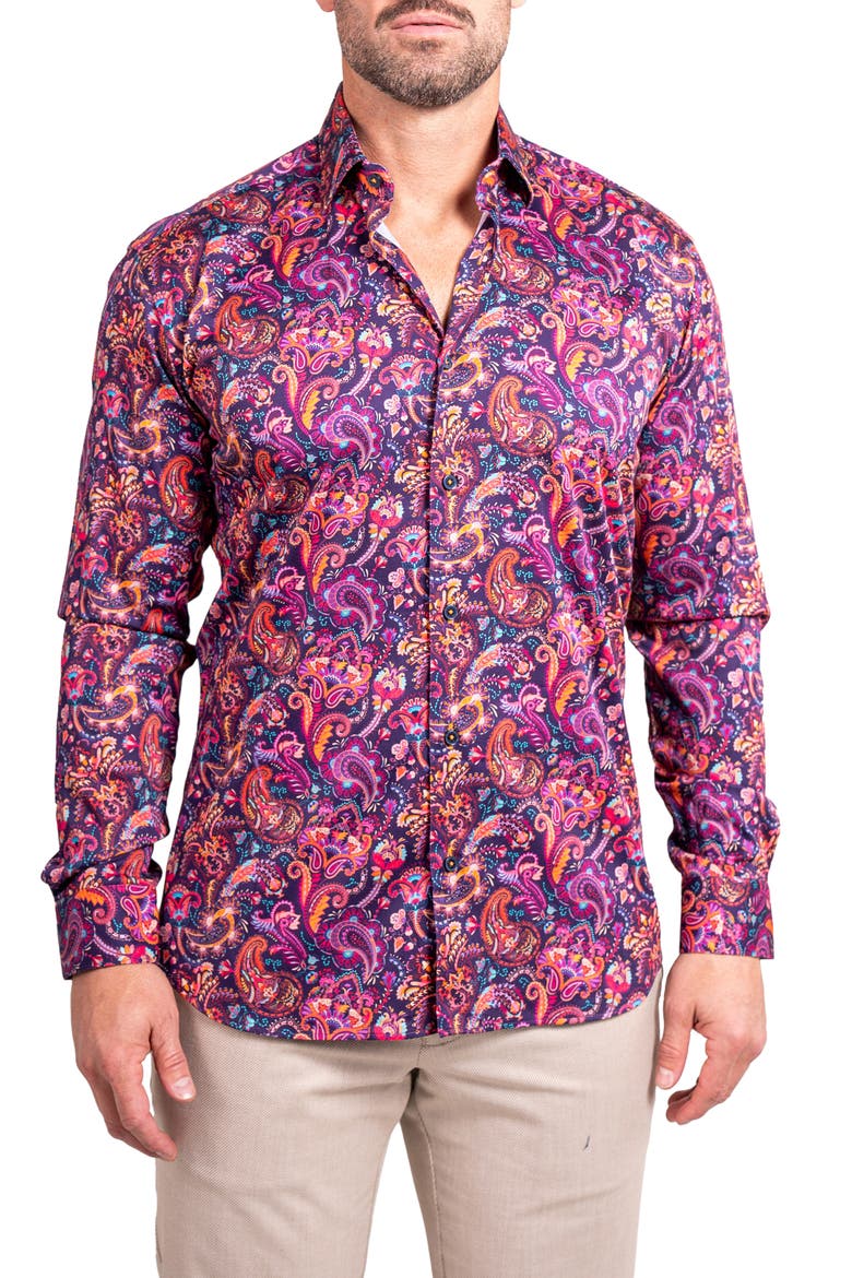 Fibonacci Ascension 0263 Paisley Contemporary Fit Button-Up Shirt, Main, color, PURPLE/PINK