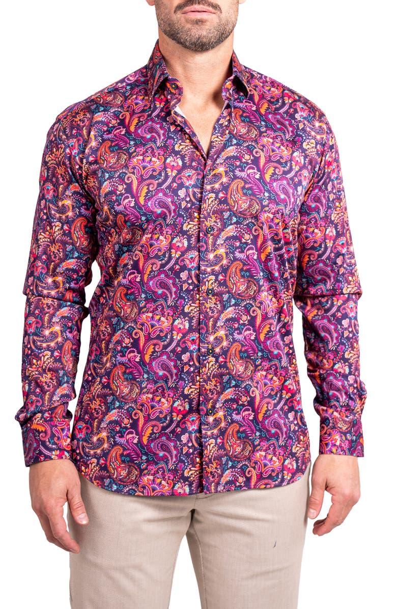 Maceoo Fibonacci Ascension 0263 Paisley Contemporary Fit Button-Up Shirt, Main, color, Purple/Pink