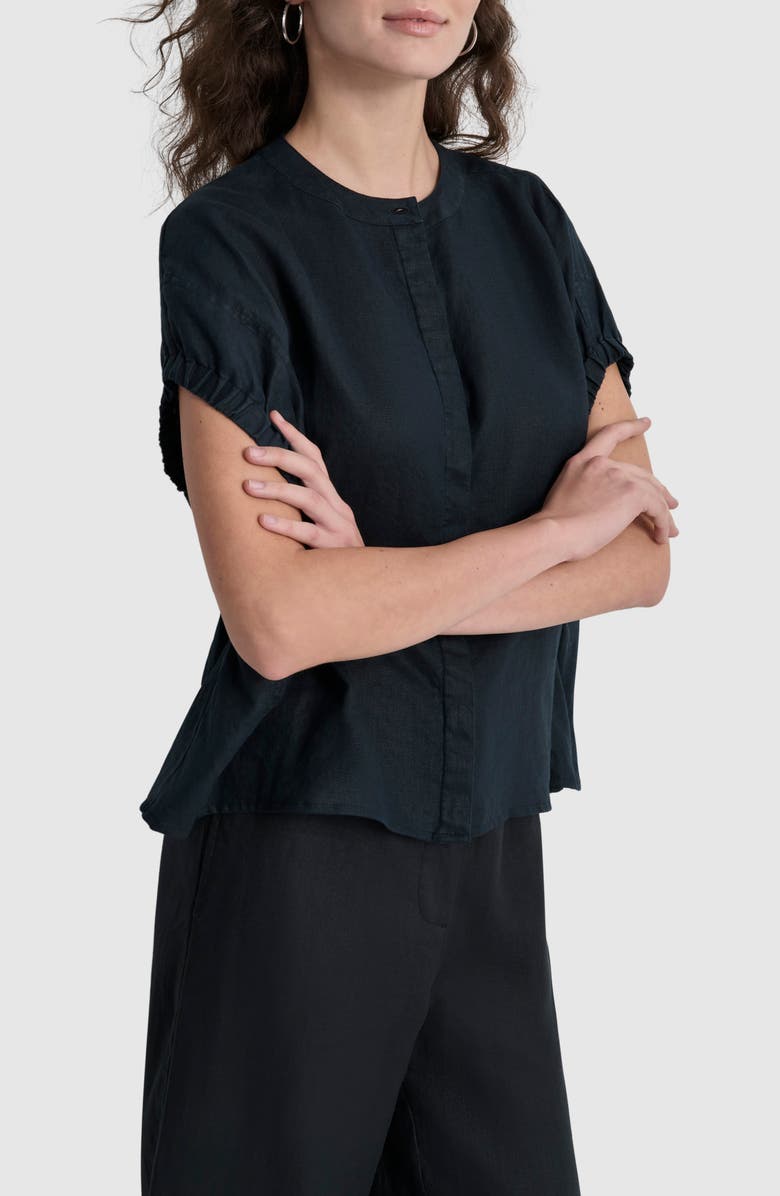 DKNY Elastic Cuff Linen Short Sleeve Button-Up Shirt, Alternate, color,