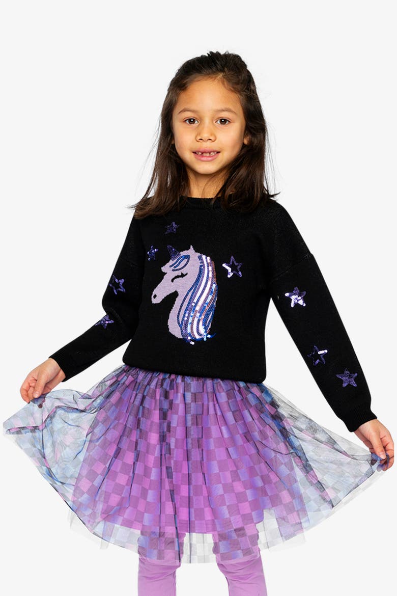 Intarsia Sequin Star Knitted Sweater, Alternate, color, Black and Mauve