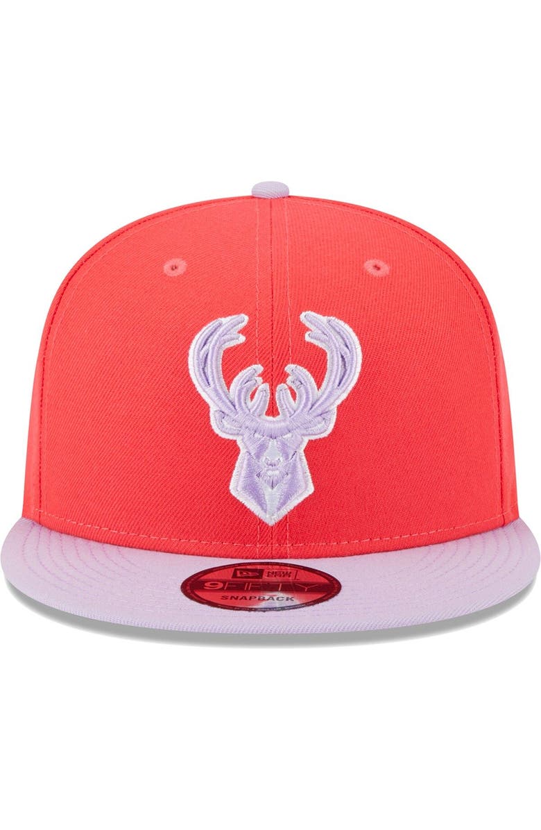 New Era Men's New Era Red/Lavender Milwaukee Bucks 2-Tone Color Pack 9FIFTY Snapback Hat, Alternate, color, 
