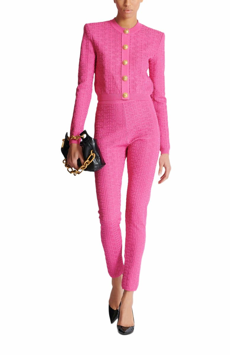 Balmain Cropped Monogrammed Knit Cardigan, Alternate, color, Pink