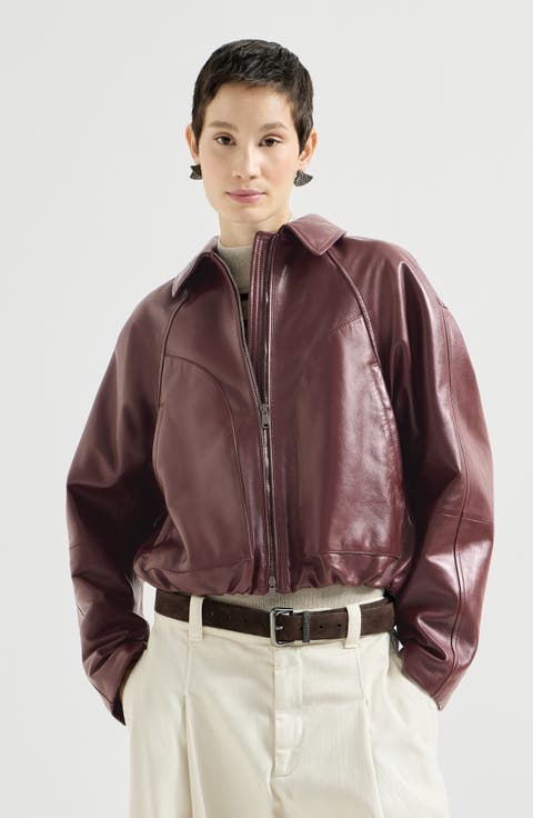 Nappa leather outerwear jacket with drawstring and monili